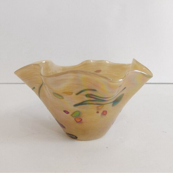 Glass Eye Studio Ruffled Edge Blown Glass Bowl Irridescent Golden Abstract - Picture 2 of 10